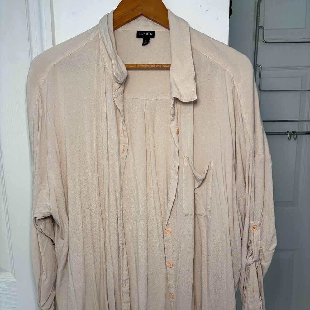 Torrid Light Pink Button Front Blouse | Roll Tab Sleeve Top